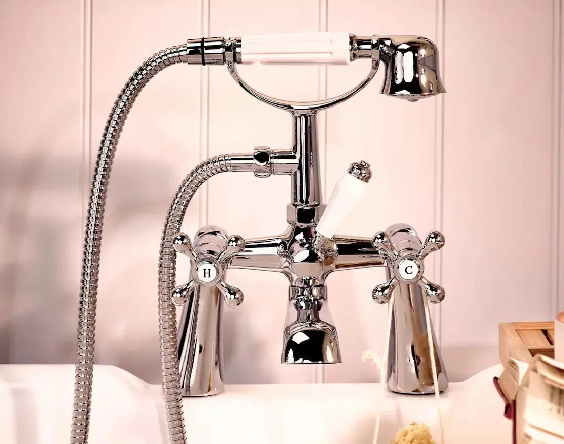 Chrome Victorian bath filler with handset and 1.5m hose installed on a bathtube