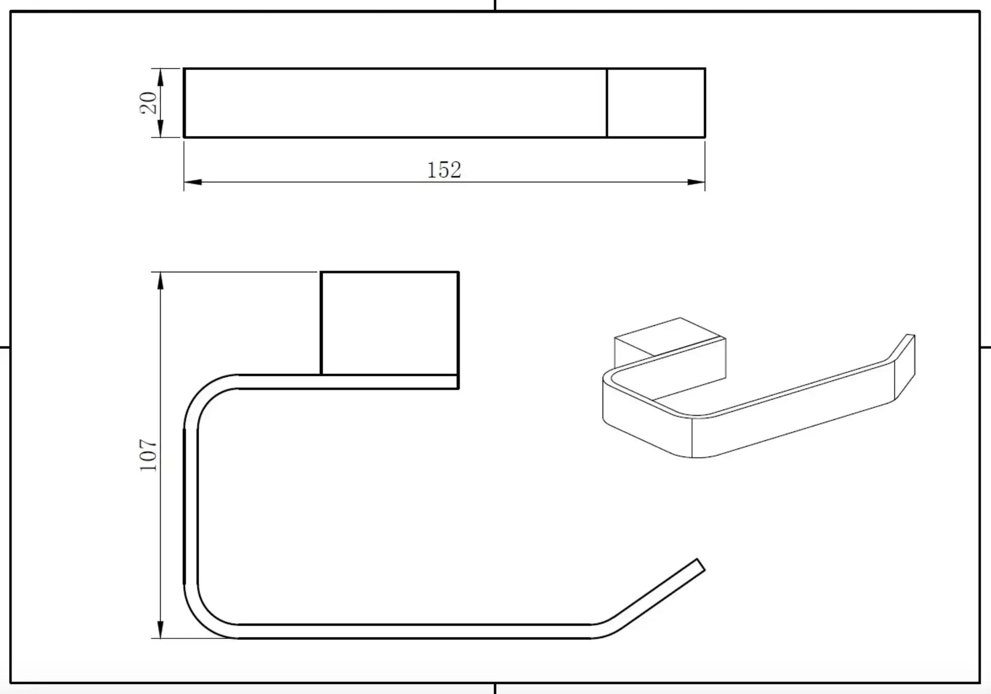 Technical drawing of K-Vit Kartell bathroom toilet paper roll holder fixture with dimensions 107x20x152 mm
