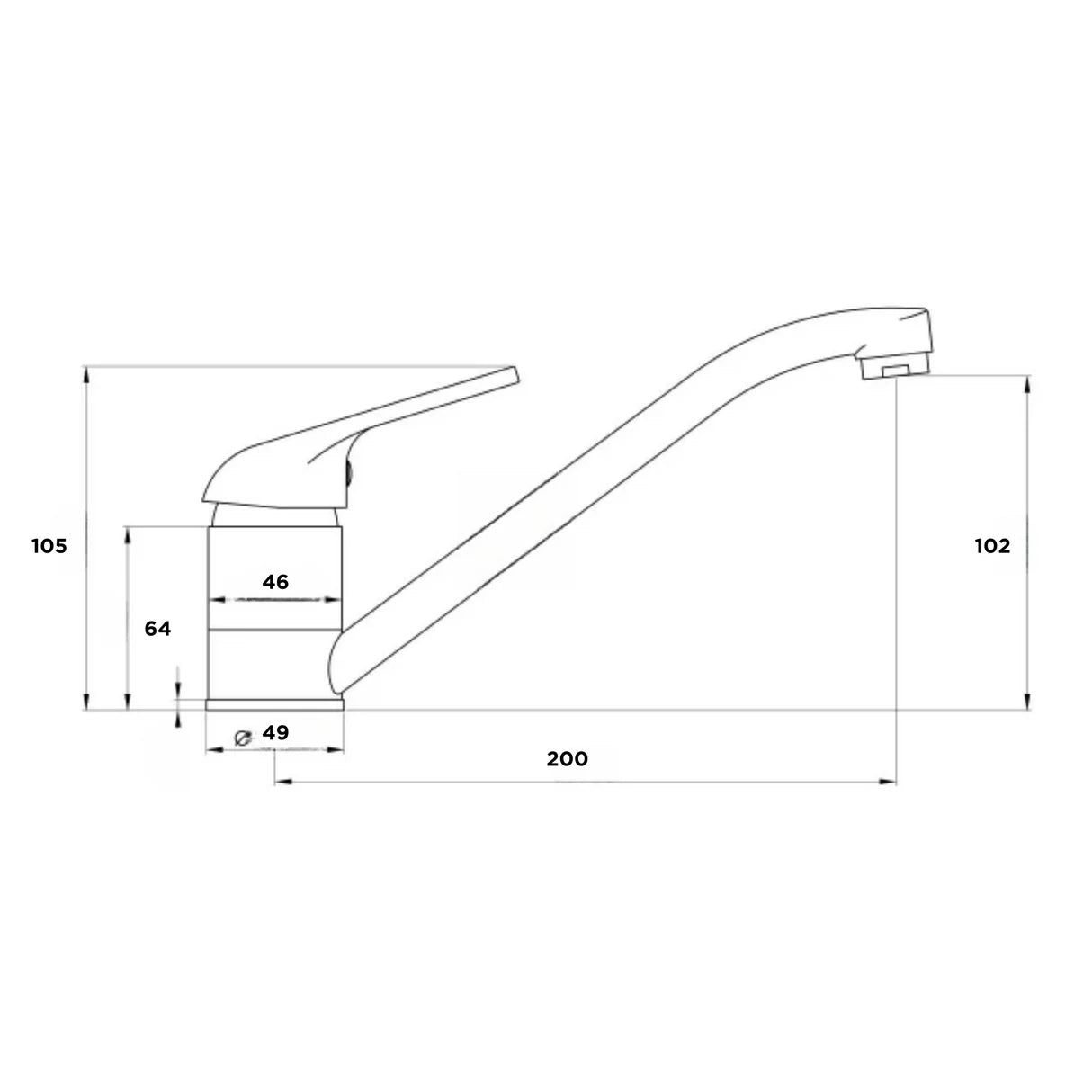 Technical drawing of a Vesper Ellsi faucet with dimensions labeled