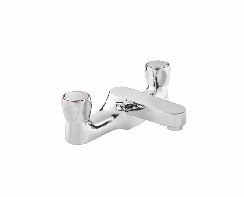 Chrome bath filler with round handles on white background