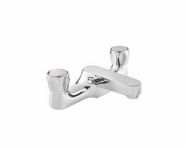 Chrome bath filler with round handles on white background