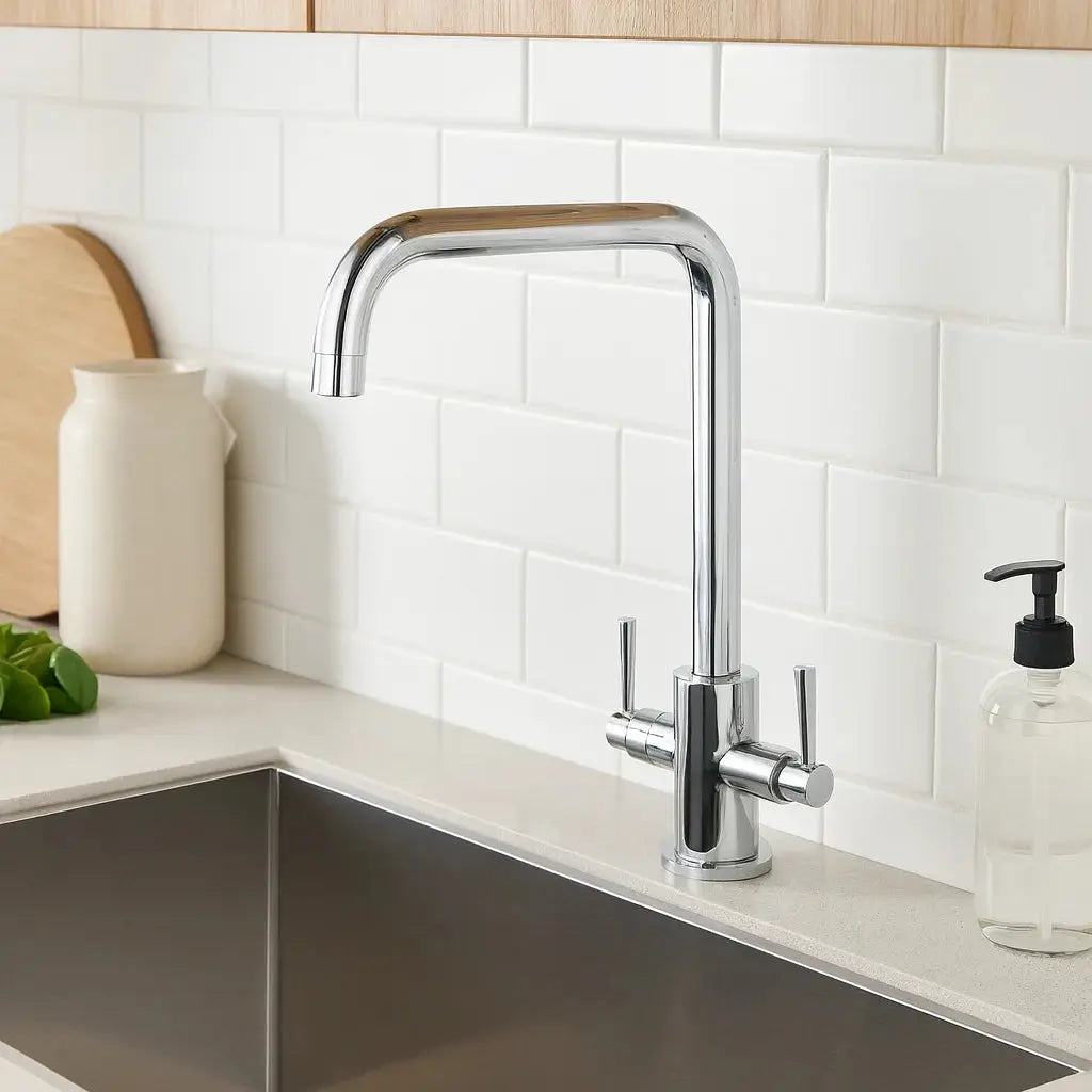 Walton Deva chrome square-spout kitchen mixer tap installed on stainless steel sink on modern kitchen at IrishBath
