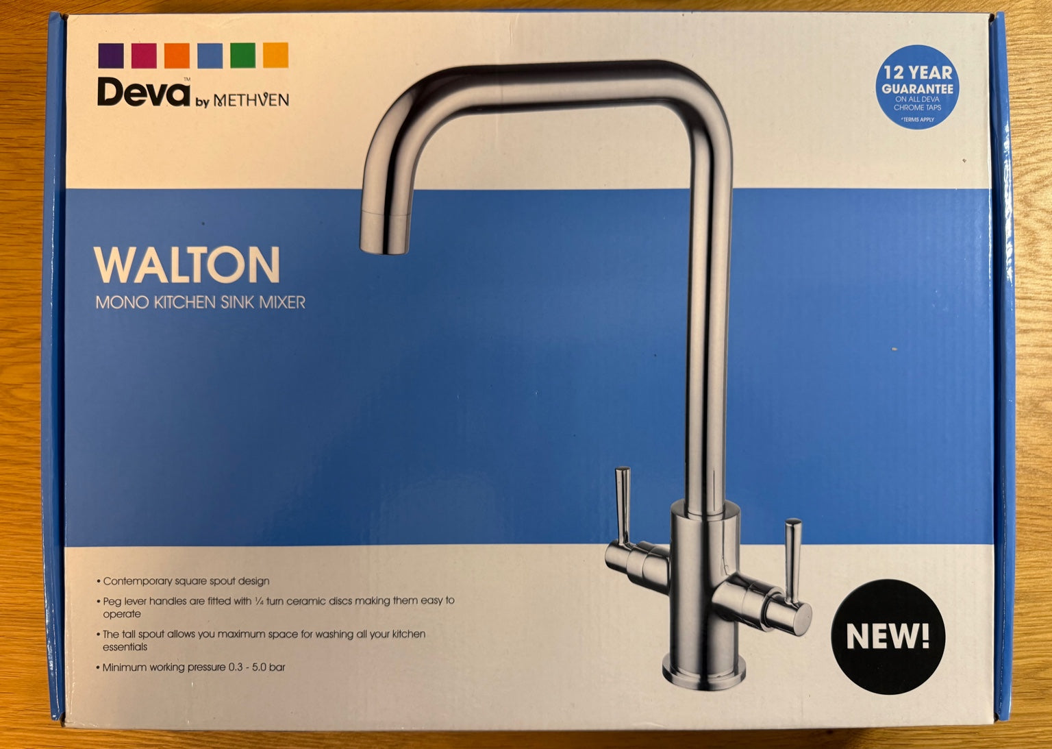 Deva Walton WTN104 chrome kitchen sink mixer tap in retail packaging box at IrishBath.ie