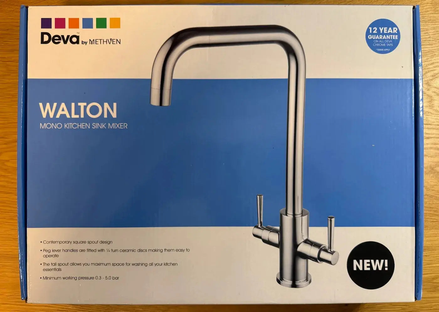 Deva Walton WTN104 chrome kitchen sink mixer tap in retail packaging box at IrishBath
