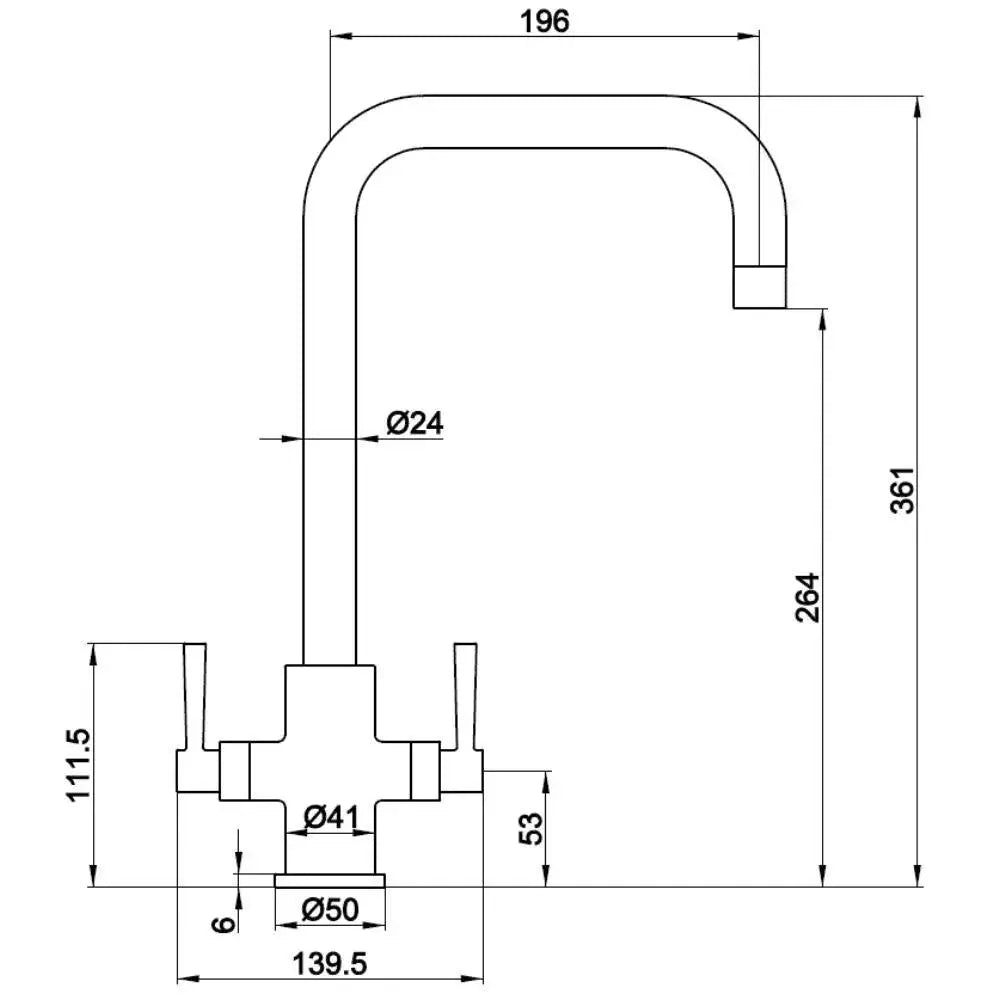 Technical picture of Walton kitchen mixer tap WTN104 – 361 mm height and 196 mm spout projection at IrishBath