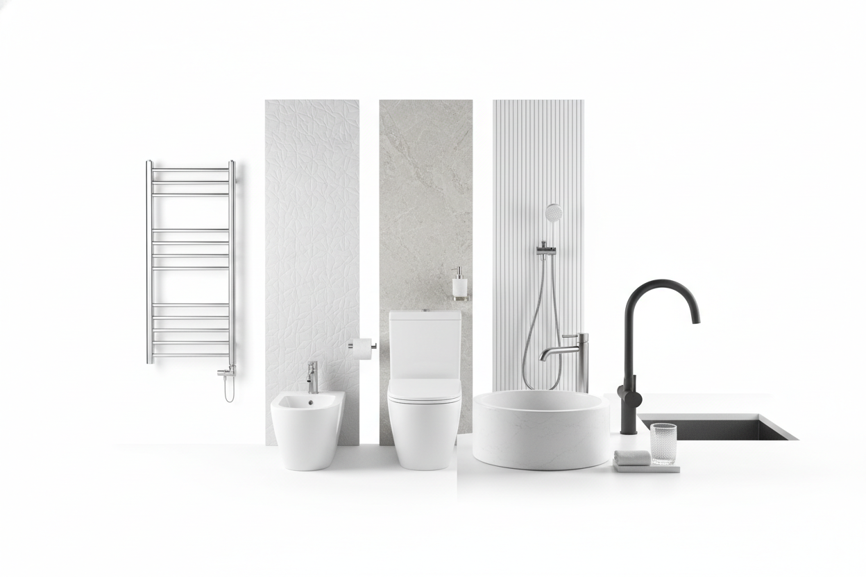 A picture with toilet, basin, basin and kitchen taps, towel radiators, wall panels and other for About Us section of IrishBath.ie