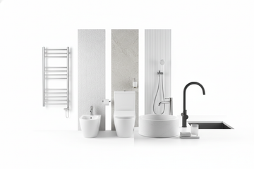 A picture with toilet, basin, basin and kitchen taps, towel radiators, wall panels and other for About Us section of IrishBath.ie