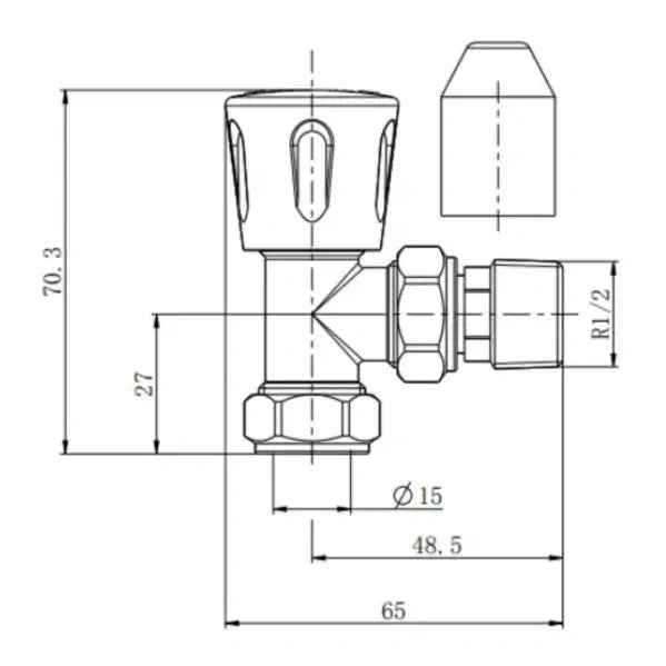 Manual radiator valve set 15mm black angled technical view