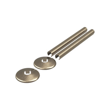 Antique brass radiator pipe covers and two collars for 15mm pipe on a white background