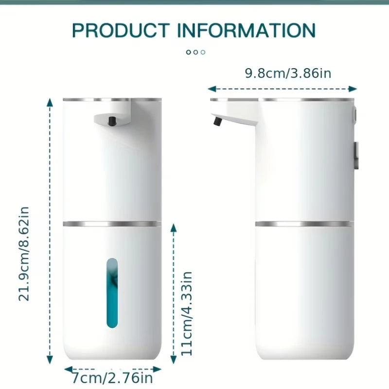 Automatic soap dispenser dimensions: 21.9 cm tall, 7 cm wide and 9.8 cm deep, 400 ml reservoir