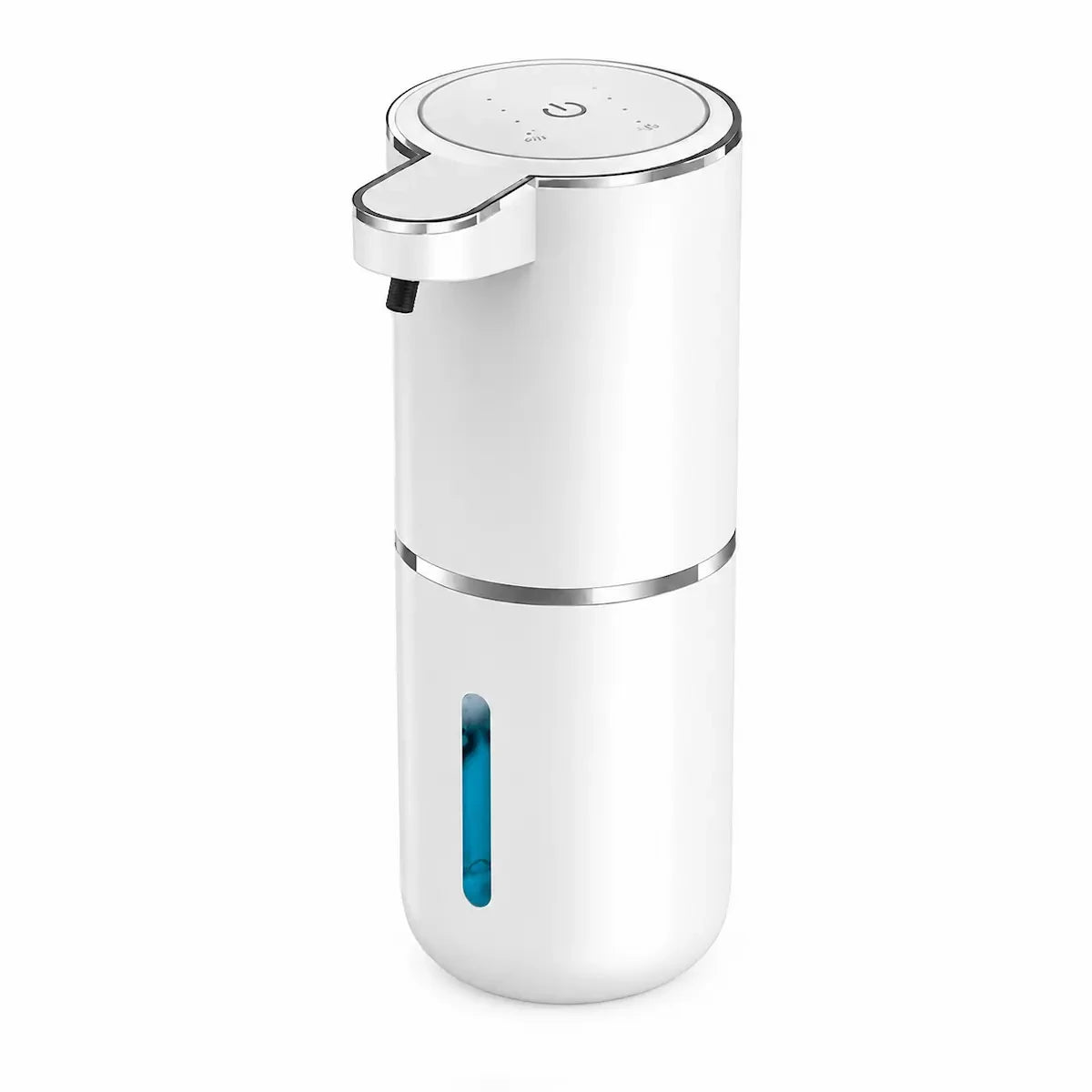 Automatic soap dispenser in white with a brushed silver band, touch control pad on top and 400 ml level window