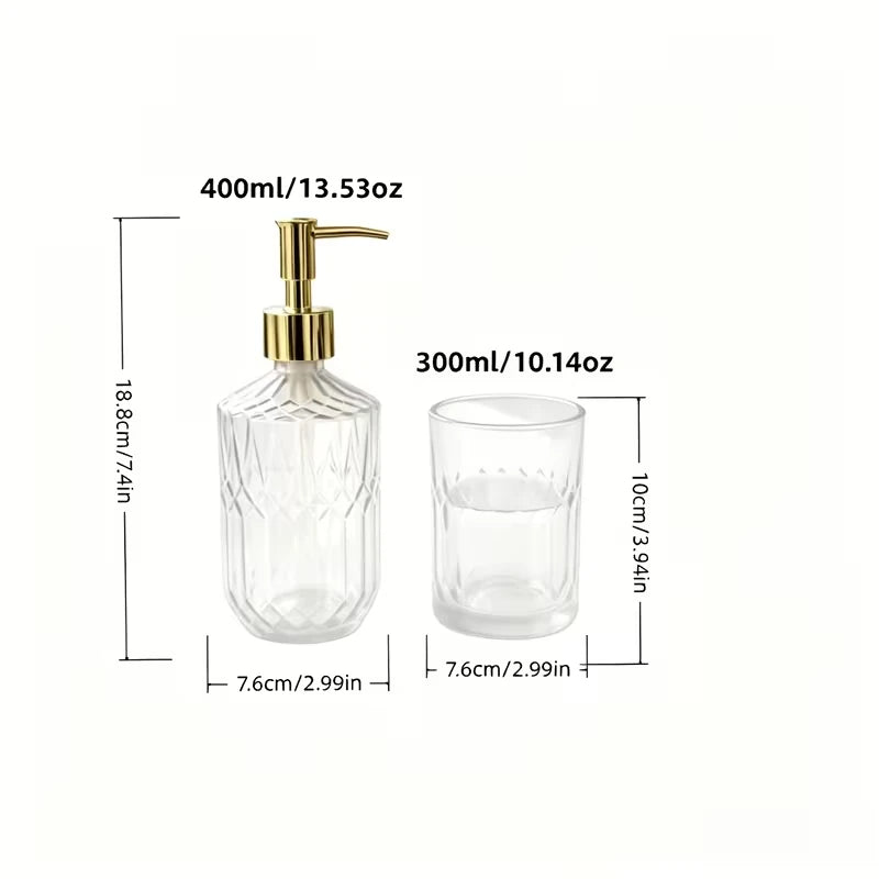 Dimensions: soap dispenser 400 ml at 18.8 cm tall and toothbrush holder 300 ml at 10 cm tall, both 7.6 cm across