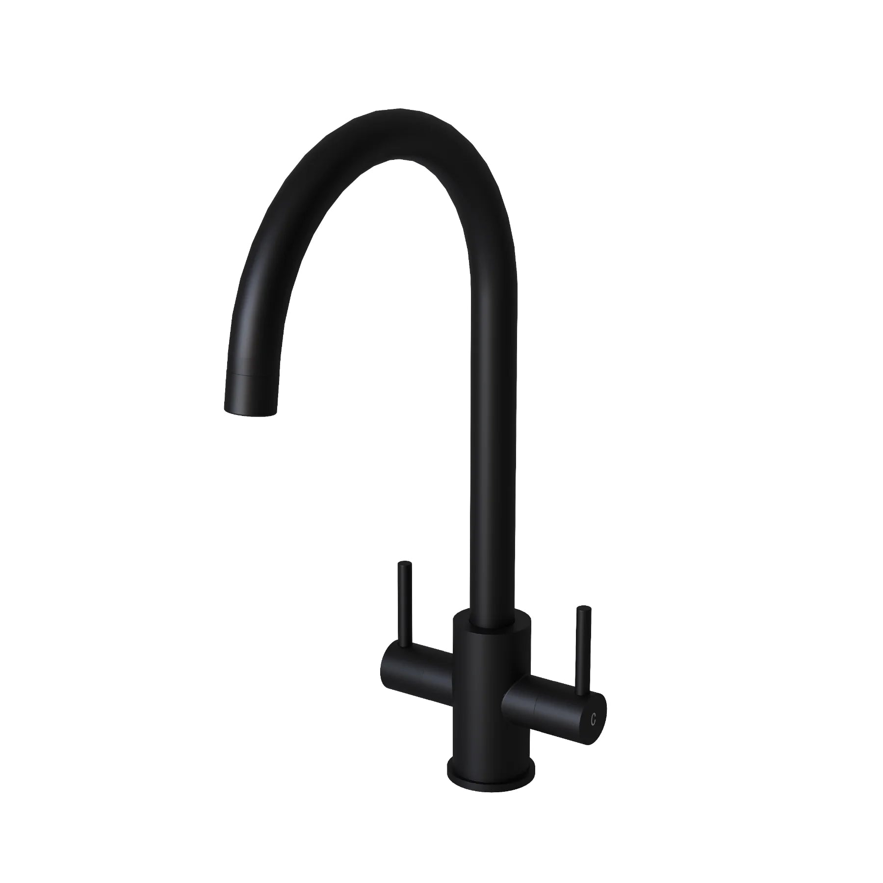 Matt black Adria dual lever kitchen tap on a plain white background, showing the curved swan neck spout and two slim levers