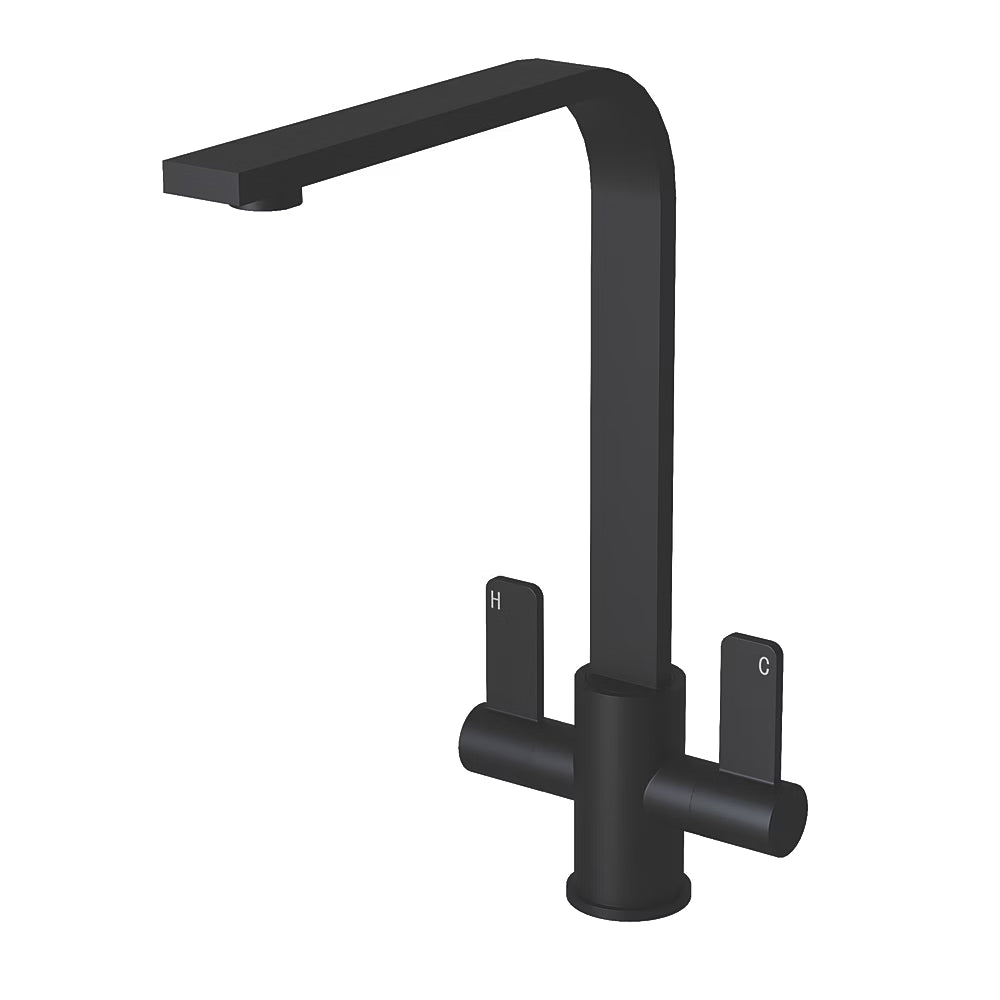 Matt black Stroud twin lever kitchen tap on a plain white background, showing the squared L-shaped spout