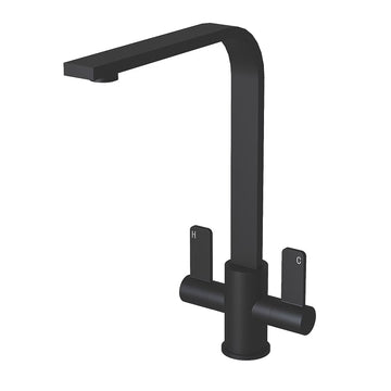 Matt black Stroud twin lever kitchen tap on a plain white background, showing the squared L-shaped spout