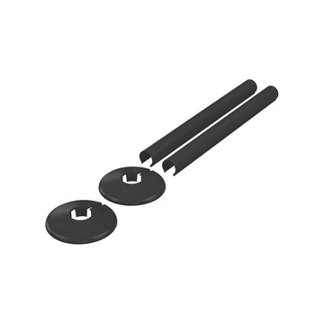 Black radiator pipe covers and two collars for 15mm pipe on a white background