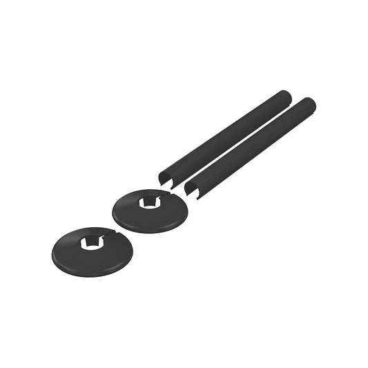 Black radiator pipe covers and two collars for 15mm pipe on a white background