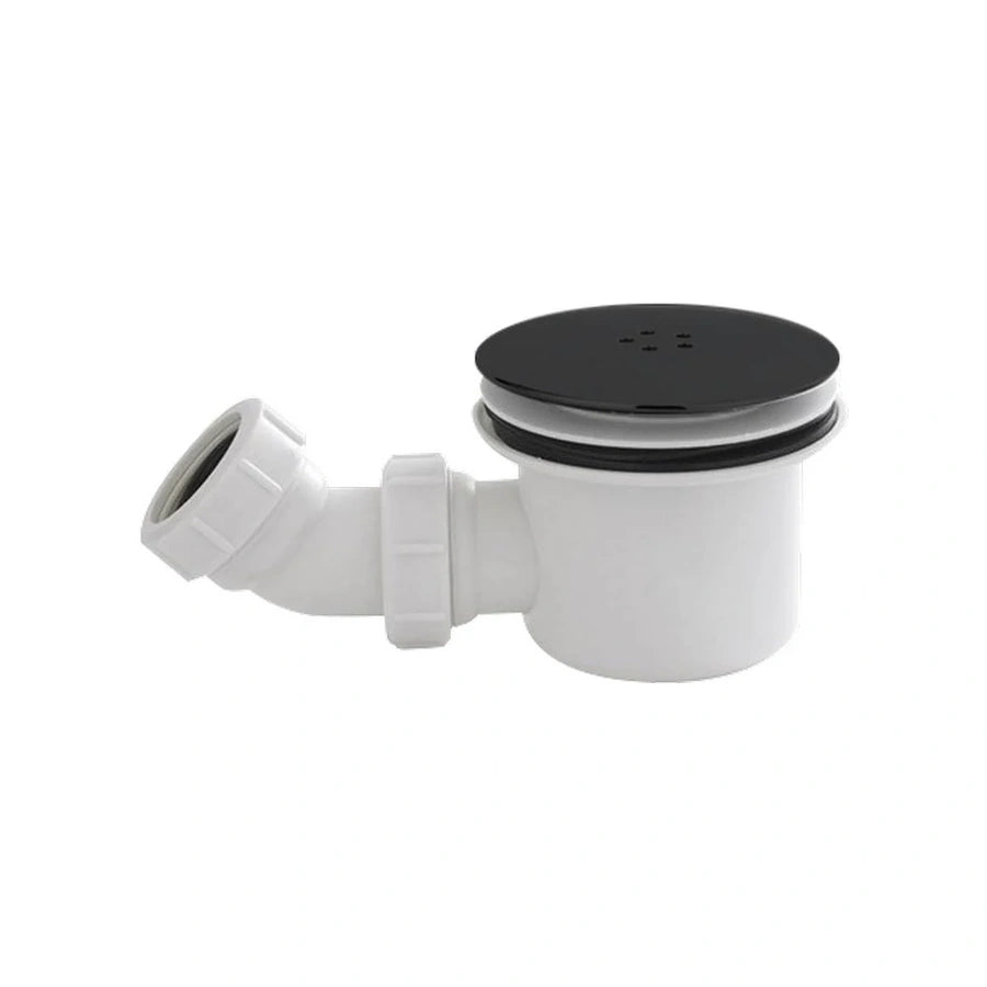 Kartell 90mm fast flow shower waste with a black cover on a white trap body with an angled side outlet