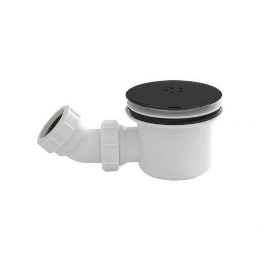 Kartell 90mm fast flow shower waste with a black cover on a white trap body with an angled side outlet