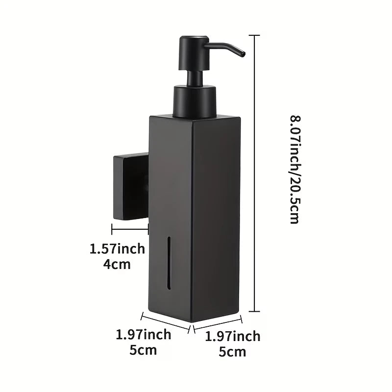 Black soap dispenser dimensions: 20.5cm tall, 5 x 5cm square body and 4cm wall projection