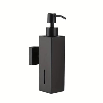 Matt black soap dispenser, wall mounted stainless steel with square 5cm body, level window and black plastic pump