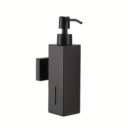 Matt black soap dispenser, wall mounted stainless steel with square 5cm body, level window and black plastic pump