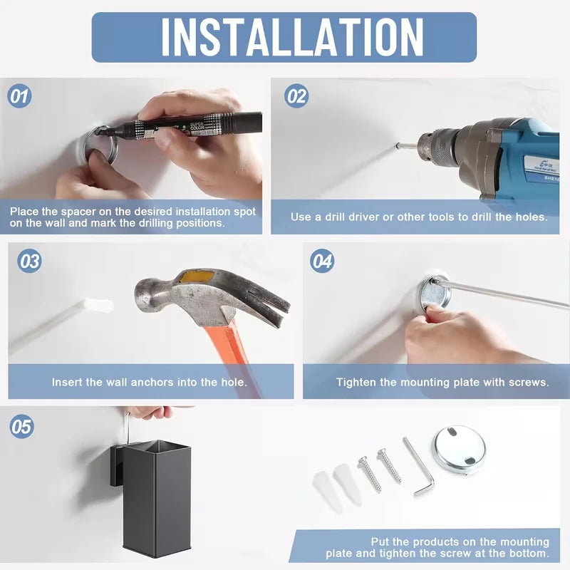 Installation guide for the wall mounted black soap dispenser: mark, drill, insert anchors, fit the plate, hang the body