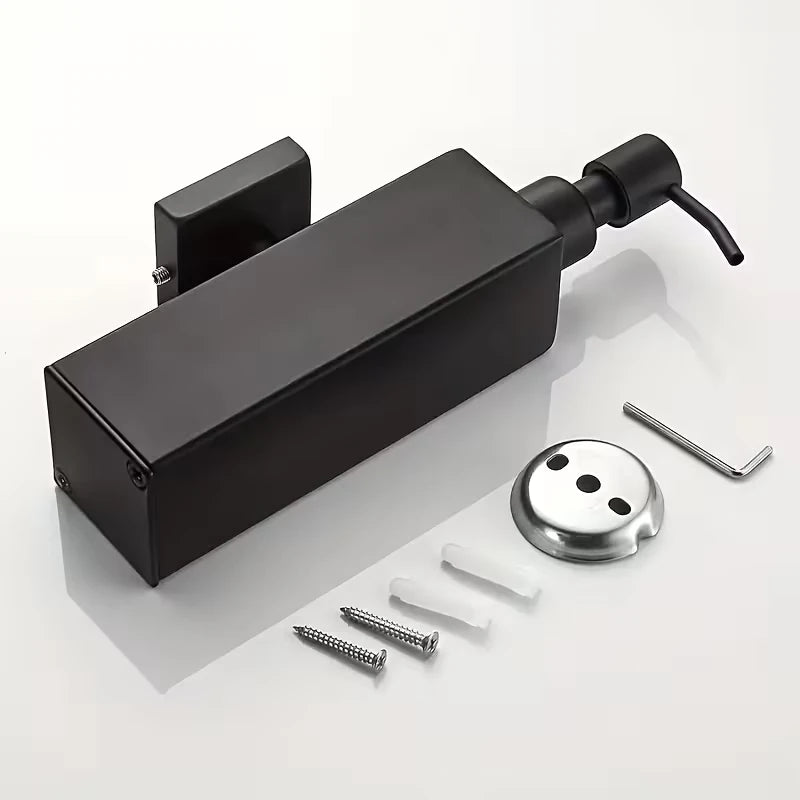 What is in the box: matt black soap dispenser, round wall mounting plate, 2 screws, 2 wall anchors and a hex key