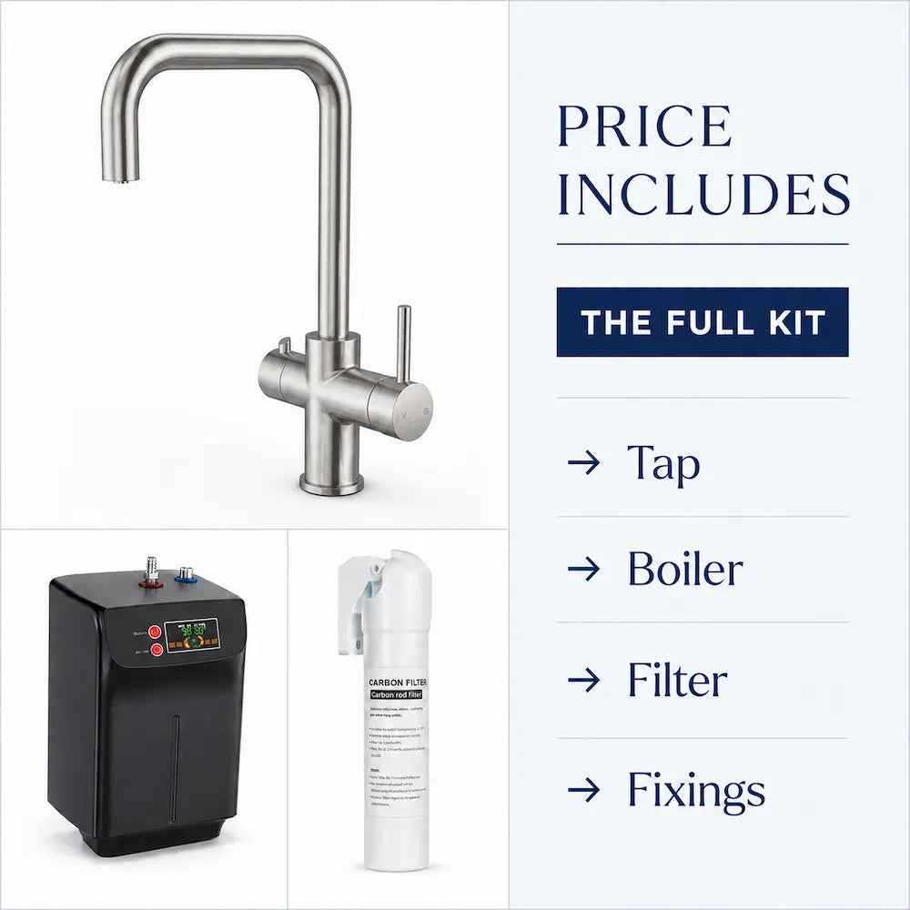What is in the box: brushed steel boiling water tap, 2.4 litre tank, carbon filter and fixings
