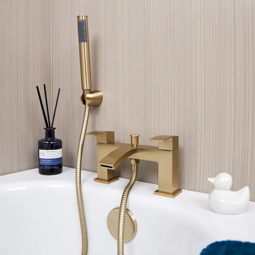 Brushed brass square bath mixer tap with shower angled view