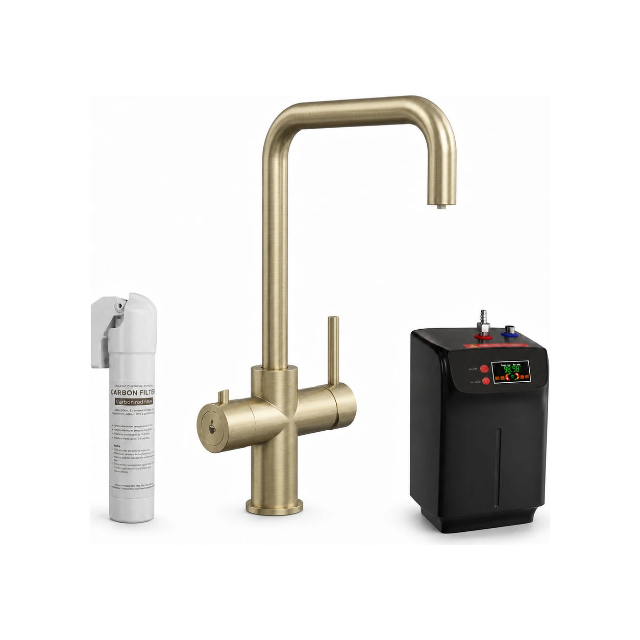 The complete brushed brass 3 in 1 boiling tap kit on a white background: carbon filter, brushed brass tap and 2.4 litre black boiler tank