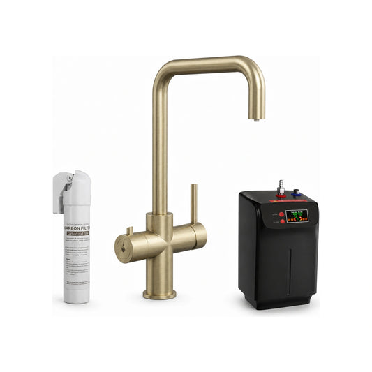 The complete brushed brass 3 in 1 boiling tap kit on a white background: carbon filter, brushed brass tap and 2.4 litre black boiler tank