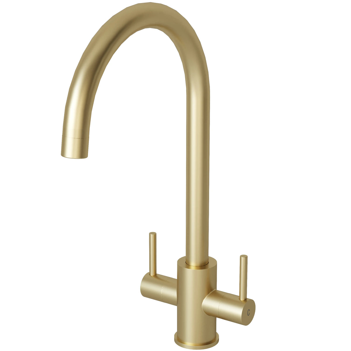 Adria brushed brass kitchen tap with two side levers and a tall curved swivel spout, on a white background