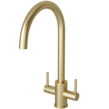 Adria brushed brass kitchen tap with two side levers and a tall curved swivel spout, on a white background