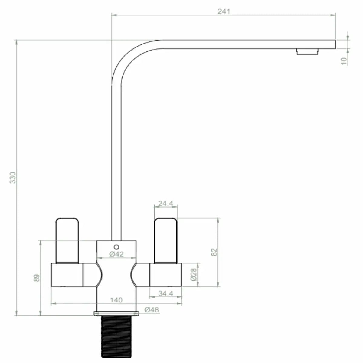 Dimensions diagram for the Stroud kitchen tap showing 330 mm height, 241 mm depth and 140 mm width