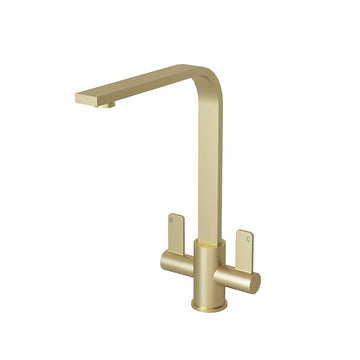 Brushed brass Stroud twin lever kitchen tap by Ellsi (Etal) on a plain white background, showing the squared L-shaped spout