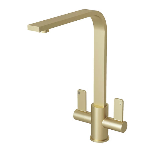 Brushed brass Stroud twin lever kitchen tap by Ellsi (Etal) on a plain white background, showing the squared L-shaped spout