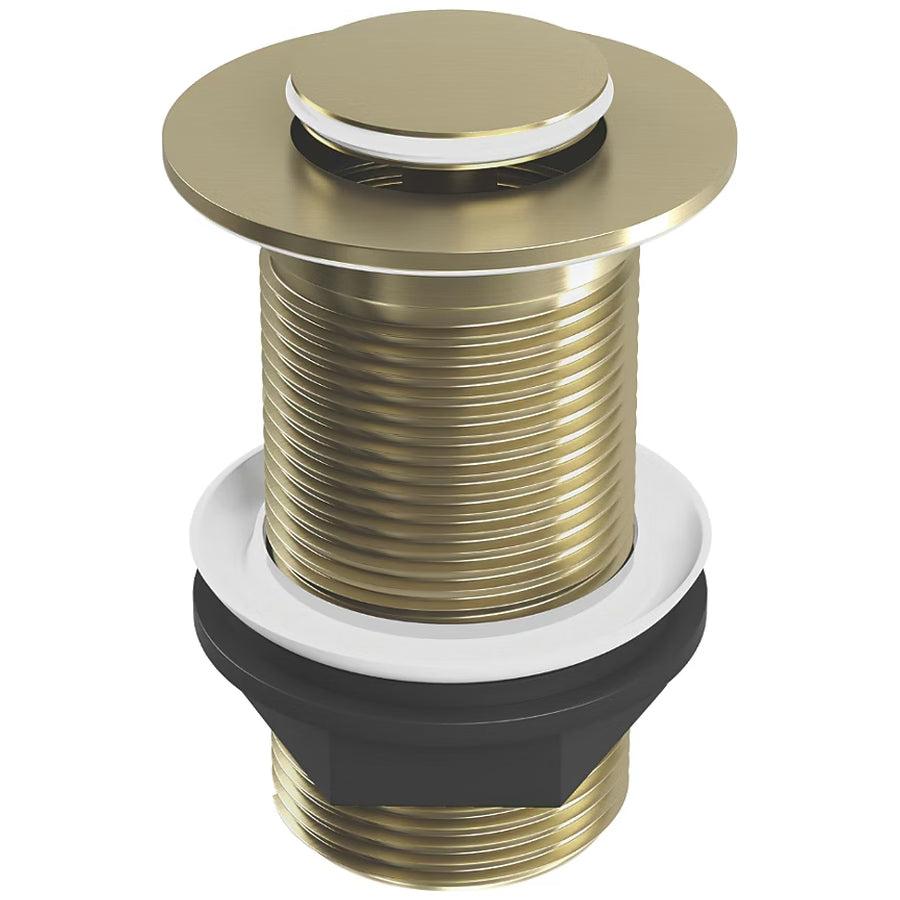 Brushed brass unslotted click clack basin waste with a solid threaded body, 60mm flange and push button plug