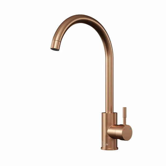Tivoli brushed copper kitchen tap with a slim swan neck spout and single side lever, on a white background