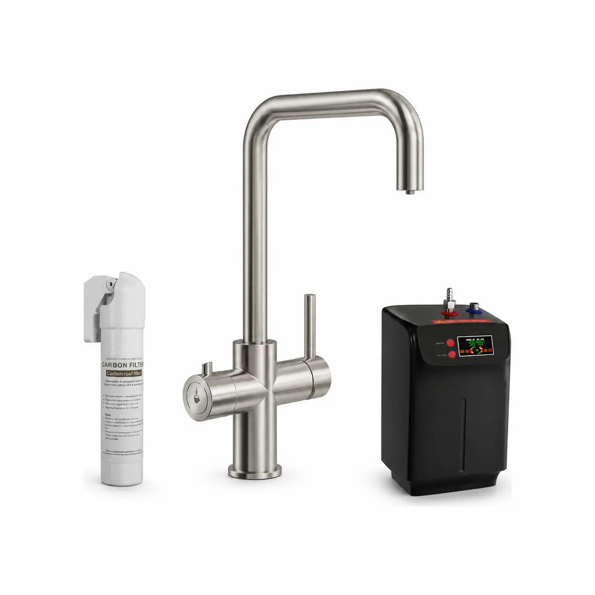Brushed steel 3 in 1 boiling water tap shown with its matt black 2.4 litre tank and white carbon filter