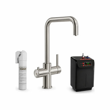 Brushed steel 3 in 1 boiling water tap shown with its matt black 2.4 litre tank and white carbon filter