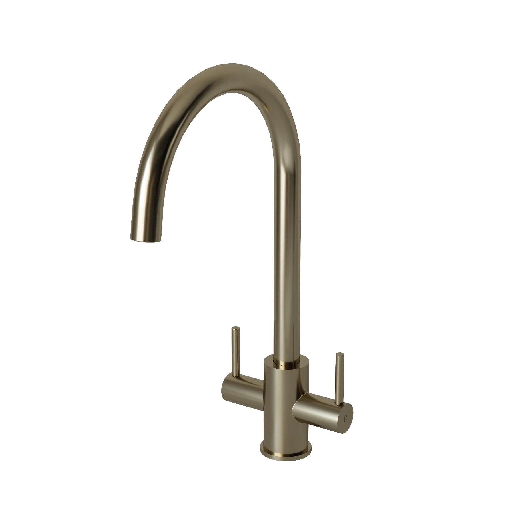 Adria dual lever kitchen tap in brushed steel on a plain white background, showing the curved swan neck spout and two slim levers