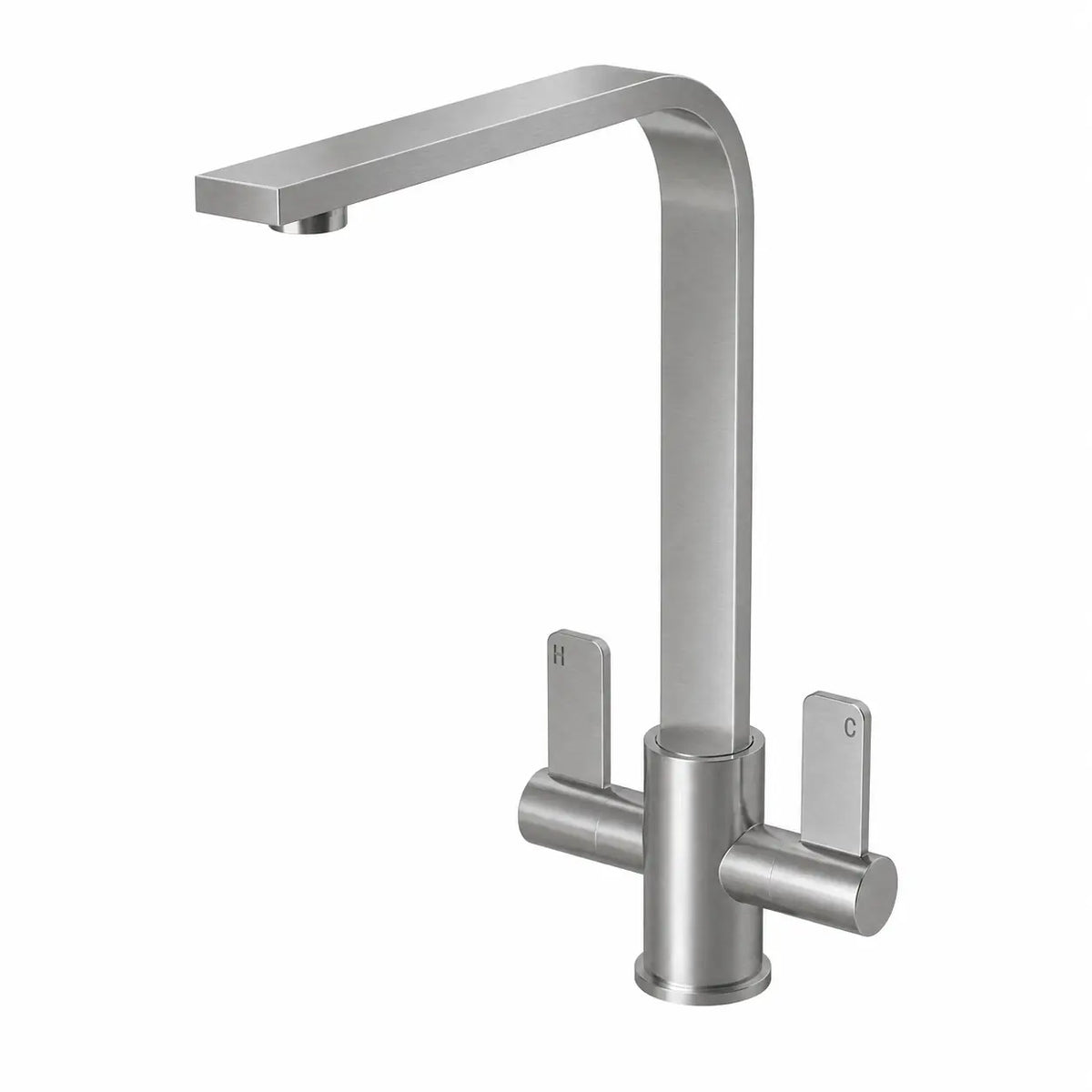 Stroud brushed steel twin lever kitchen tap on a white background, showing the squared L-shaped spout and two quarter-turn levers