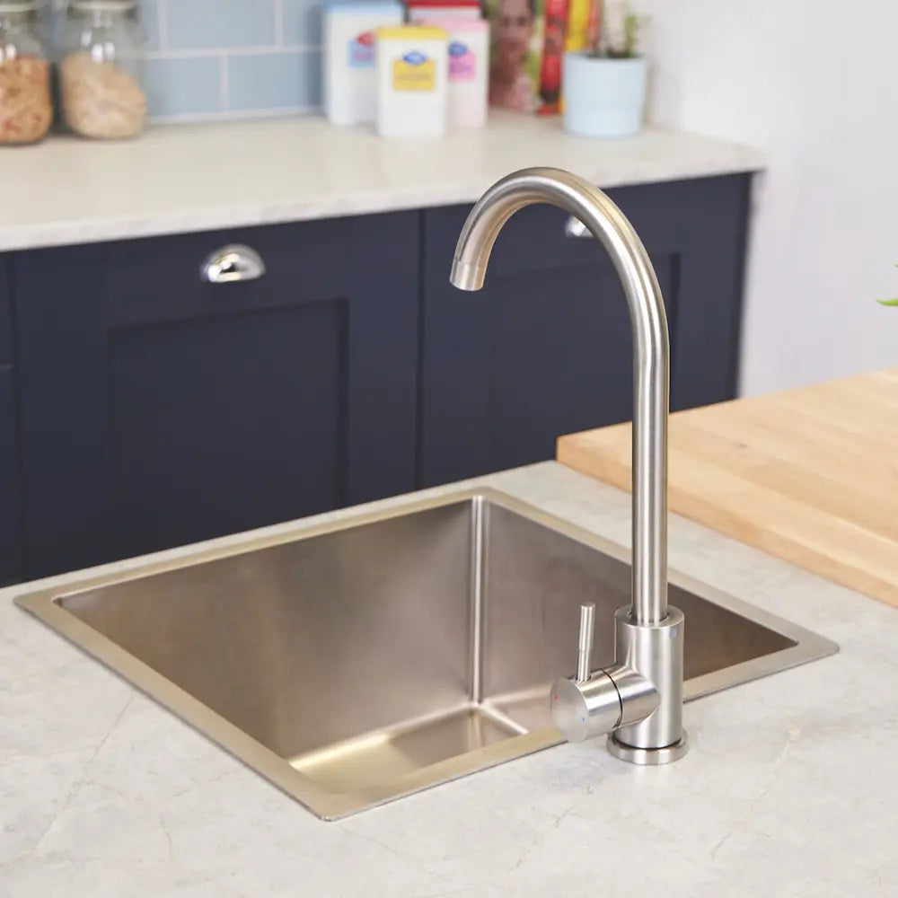 Brushed steel Tivoli kitchen mixer tap side profile showing swan neck spout height