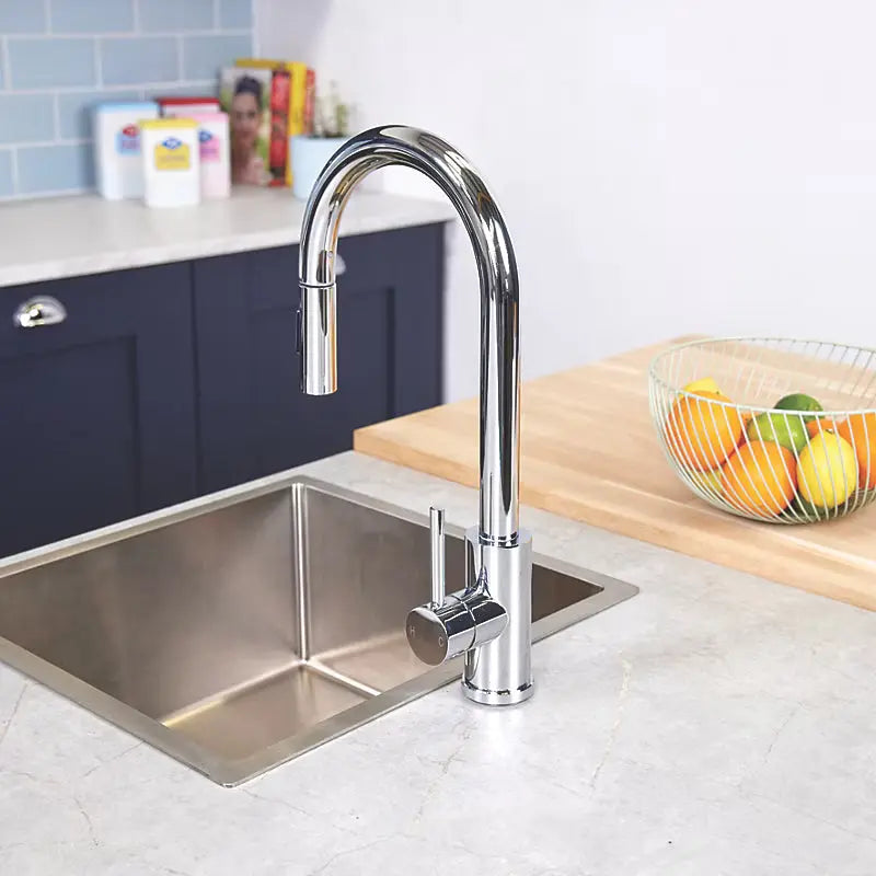 Detail view of CATO chrome kitchen mixer tap with single-lever handle and polished chrome finish