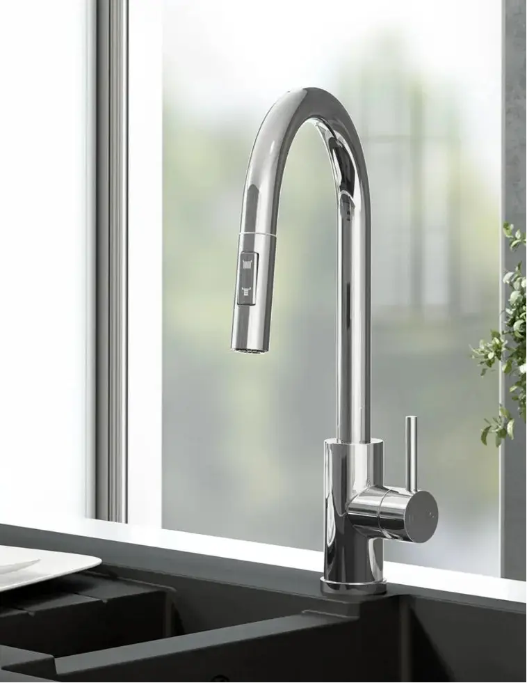 CATO chrome pull-out kitchen mixer tap installed on black sink with swivel spout and single-lever control