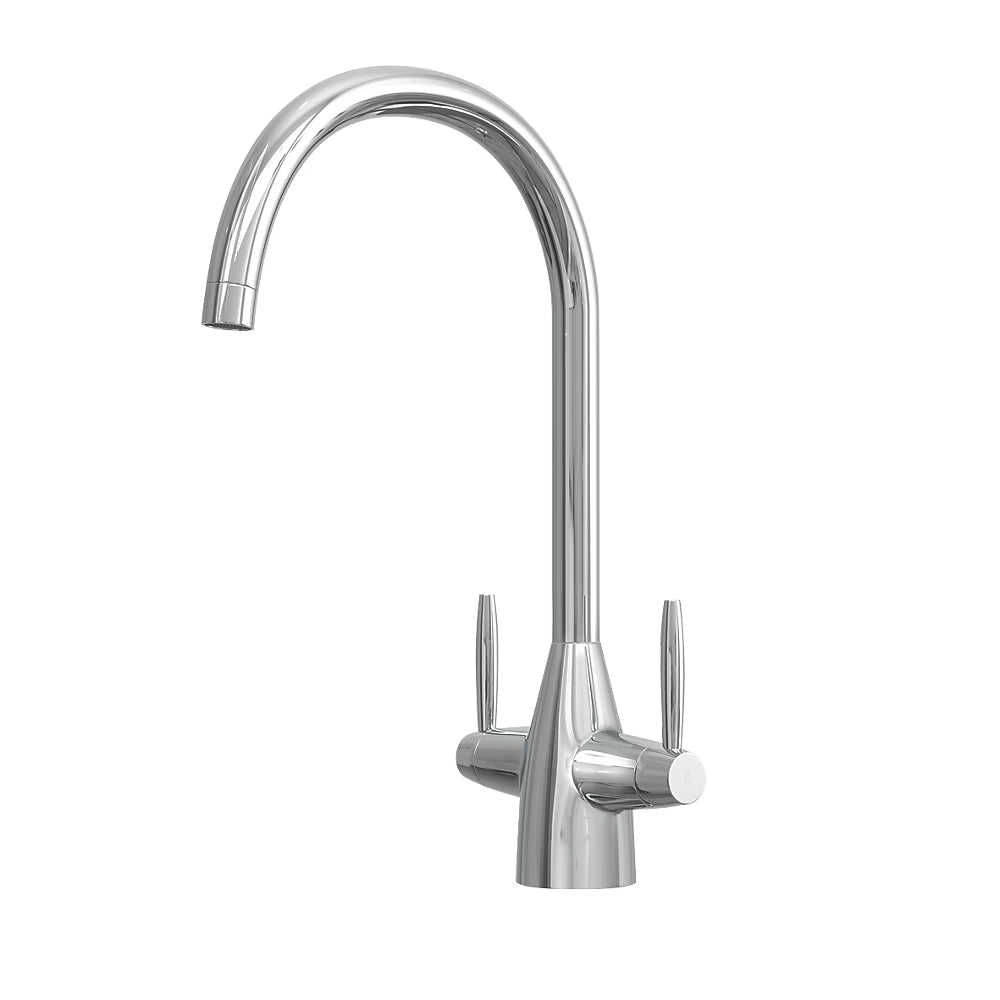 Chrome Astrid dual lever kitchen tap on a plain white background, showing the tall rounded swan neck spout