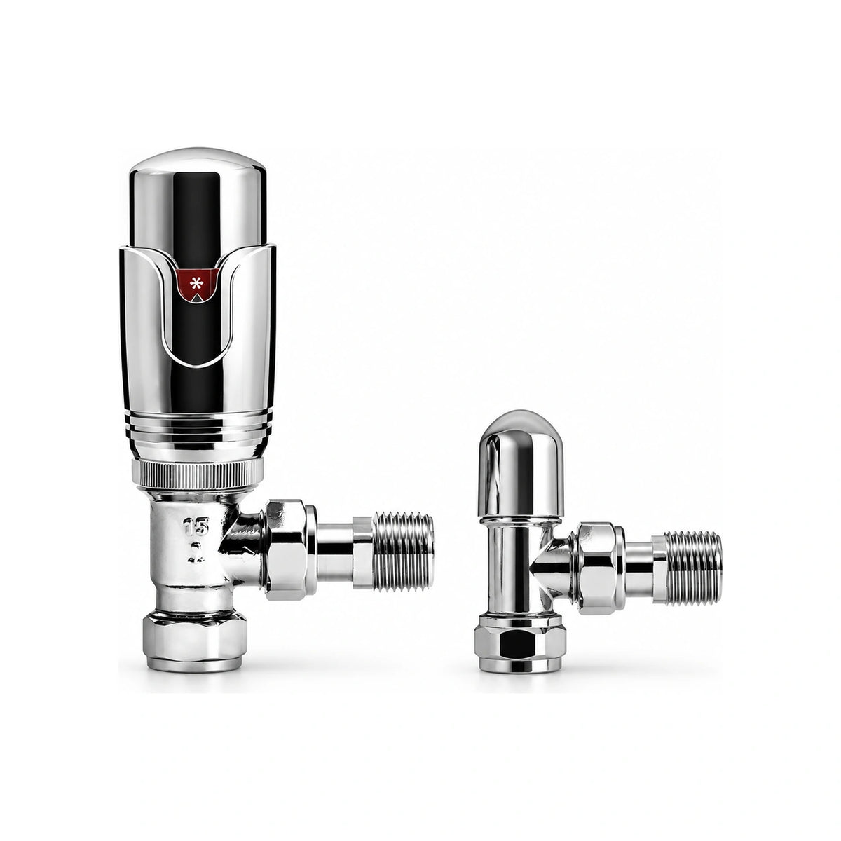 Kartell K-Therm angled thermostatic radiator valve with a chrome head beside its matching angled chrome lockshield, both with 15mm compression inlets and half-inch tails