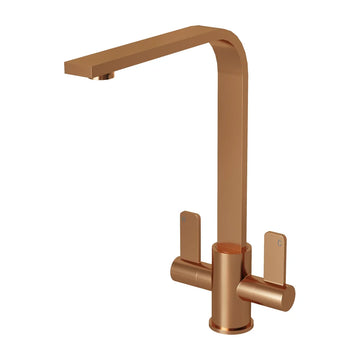 Stroud brushed copper twin lever kitchen tap on a white background, showing the squared L-shaped spout and two quarter-turn levers