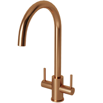 Adria brushed copper kitchen sink tap with two side levers and a tall curved spout, on a white background